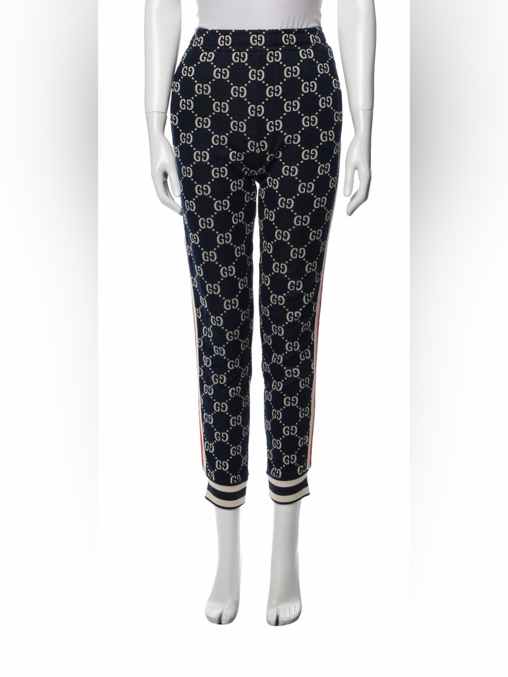 Gucci Navy and Cream GG Knit Track Pants with Side Stripes